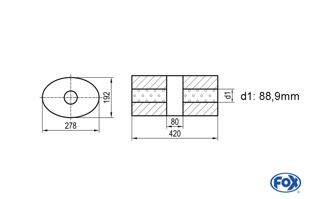 Uni-Schalldämpfer oval ohne Stutzen mit Kammer - Abw. 754 278x192mm, d1Ø 88,9mm, Länge: 420mm