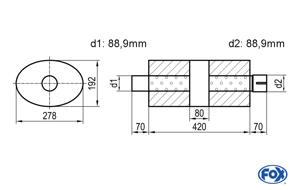 Uni-Schalldämpfer oval mit Kammer + Stutzen - Abw. 754 278x192mm, d1Ø 88,9mm (außen), d2Ø 88,9mm (innen), Länge: 420mm
