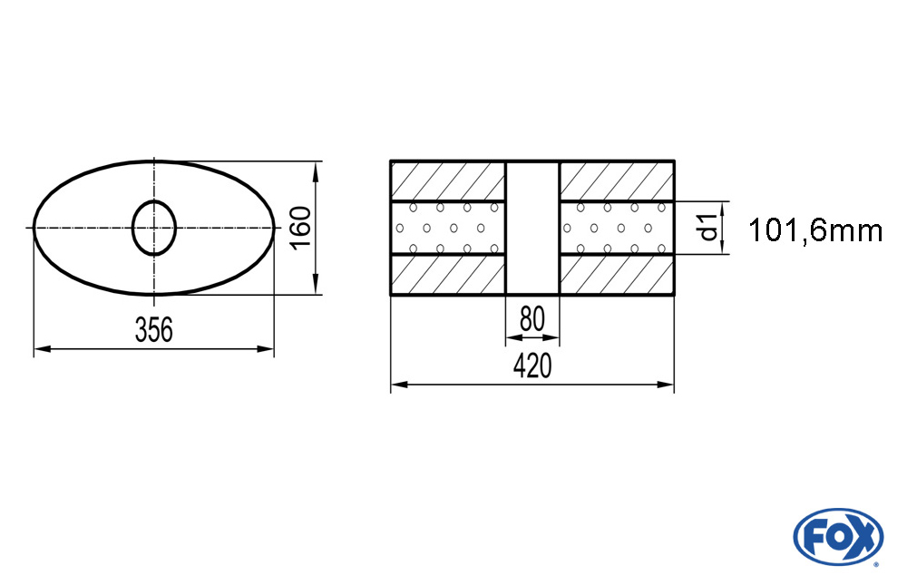 Uni-Schalldämpfer oval ohne Stutzen mit Kammer - Abw. 818 356x160mm, d1Ø 101,6mm, Länge: 420mm