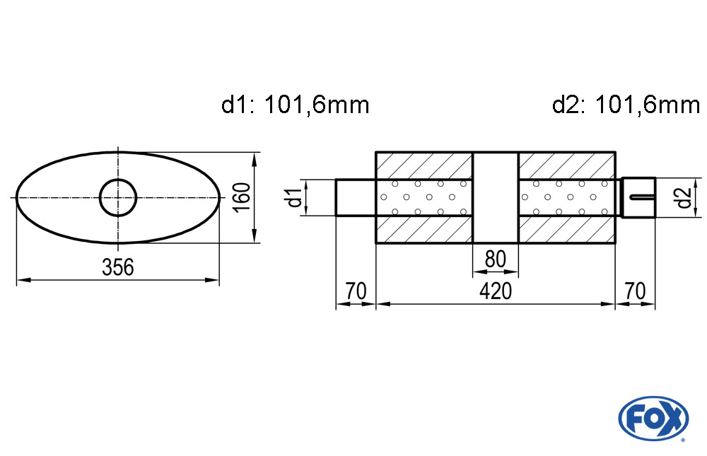 Uni-Schalldämpfer oval mit Kammer + Stutzen - Abw. 818 356x160mm, d1Ø 101,6mm (außen), d2Ø 101,6mm (innen), Länge: 420mm