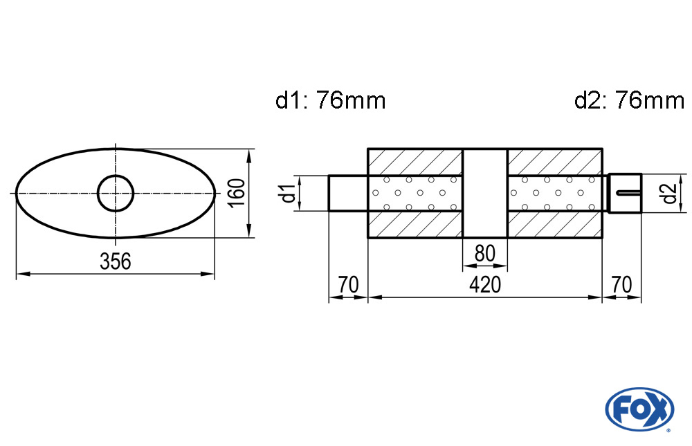 Uni-Schalldämpfer oval mit Kammer + Stutzen - Abw. 818 356x160mm, d1Ø 76mm (außen), d2Ø 76mm (innen), Länge: 420mm