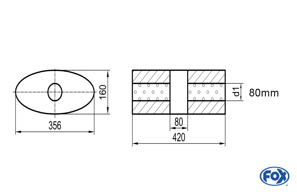 Uni-Schalldämpfer oval ohne Stutzen mit Kammer - Abw. 818 356x160mm, d1Ø 80mm, Länge: 420mm