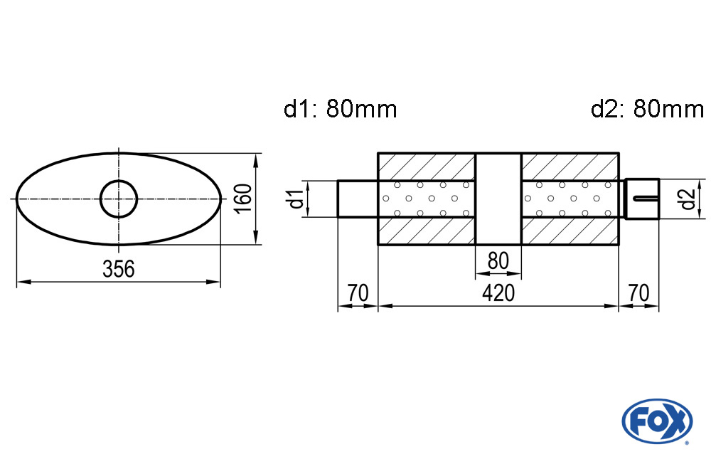Uni-Schalldämpfer oval mit Kammer + Stutzen - Abw. 818 356x160mm, d1Ø 80mm (außen), d2Ø 80mm (innen), Länge: 420mm