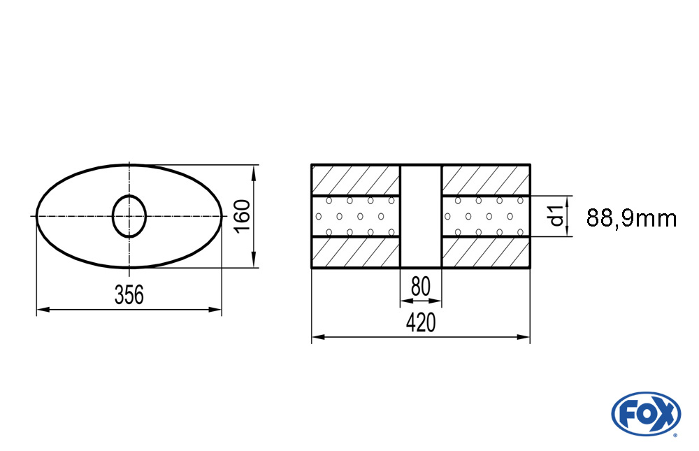 Uni-Schalldämpfer oval ohne Stutzen mit Kammer - Abw. 818 356x160mm, d1Ø 88,9mm, Länge: 420mm