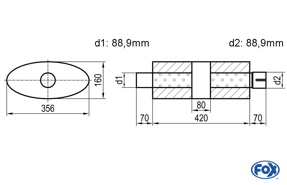 Uni-Schalldämpfer oval mit Kammer + Stutzen - Abw. 818 356x160mm, d1Ø 88,9mm (außen), d2Ø 88,9mm (innen), Länge: 420mm