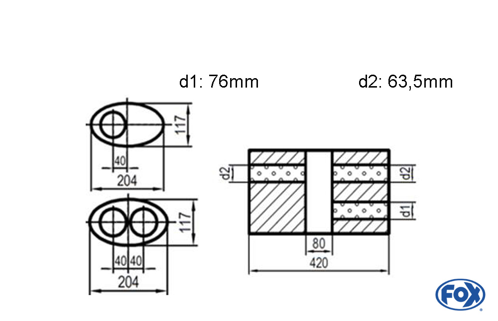 Uni-Schalldämpfer oval zweiflutig mit Kammer -Abwicklung 525 204x117mm, d1Ø 76mm  d2Ø 63,5mm, Länge: 420mm - Variante 1