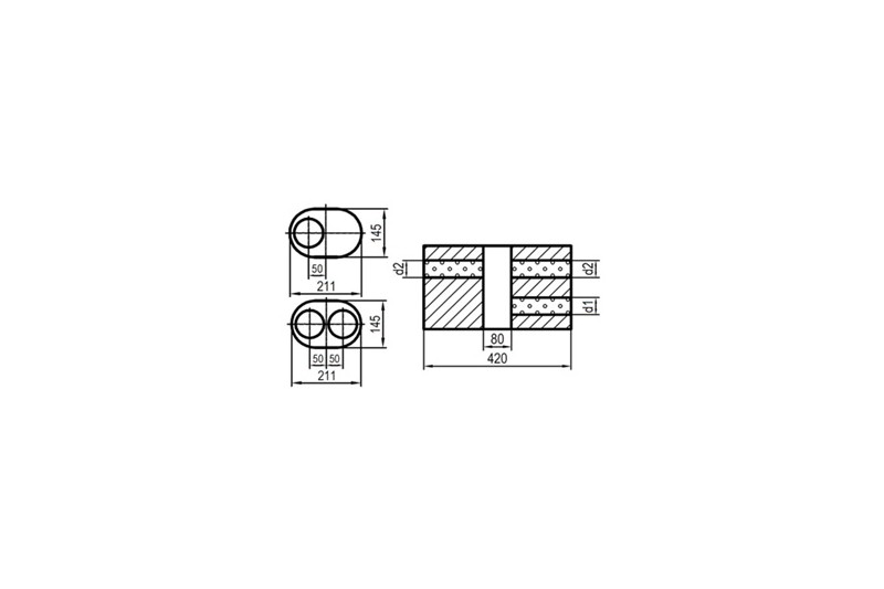 Uni-Schalldämpfer oval zweiflutig mit Kammer -Abwicklung 585 211x145mm, d1Ø 76mm  d2Ø 63,5mm, Länge: 420mm - Variante 1