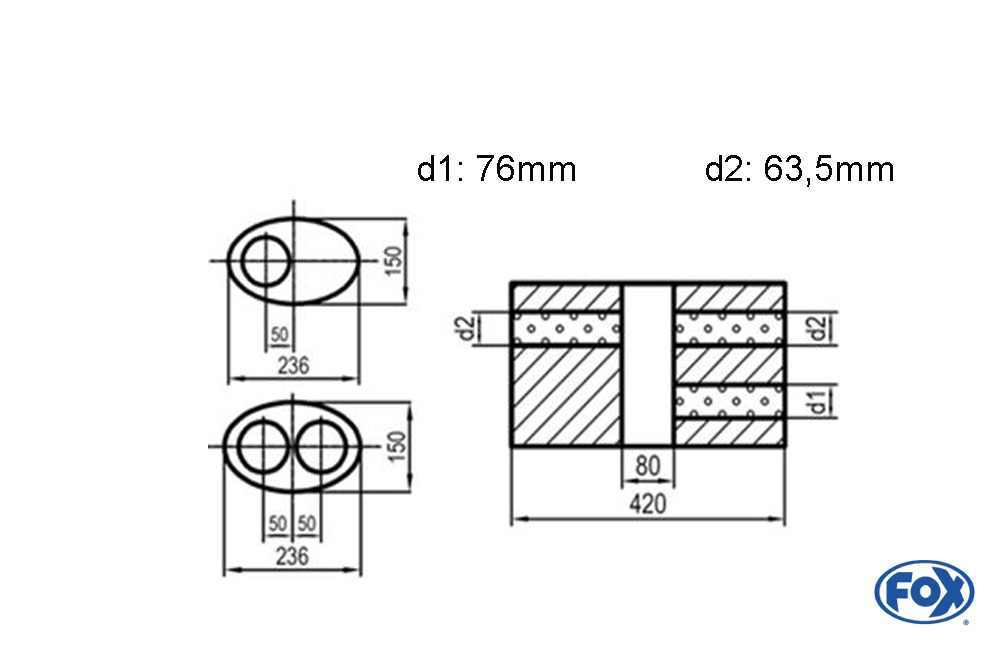 Uni-Schalldämpfer oval zweiflutig mit Kammer -Abwicklung 618 236x150mm, d1Ø 76mm  d2Ø 63,5mm, Länge: 420mm - Variante 1