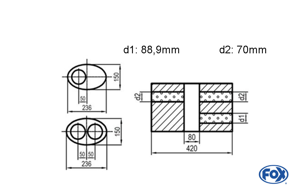 Uni-Schalldämpfer oval zweiflutig mit Kammer -Abwicklung 618 236x150mm, d1Ø 88 mm  d2Ø 70mm, Länge: 420mm - Variante 1