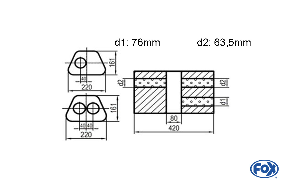 Uni-Schalldämpfer Trapezoid zweiflutig mit Kammer - Abw. 644 220x161mm, d1Ø 76mm  d2Ø 63,5mm, Länge: 420mm - Variante 1