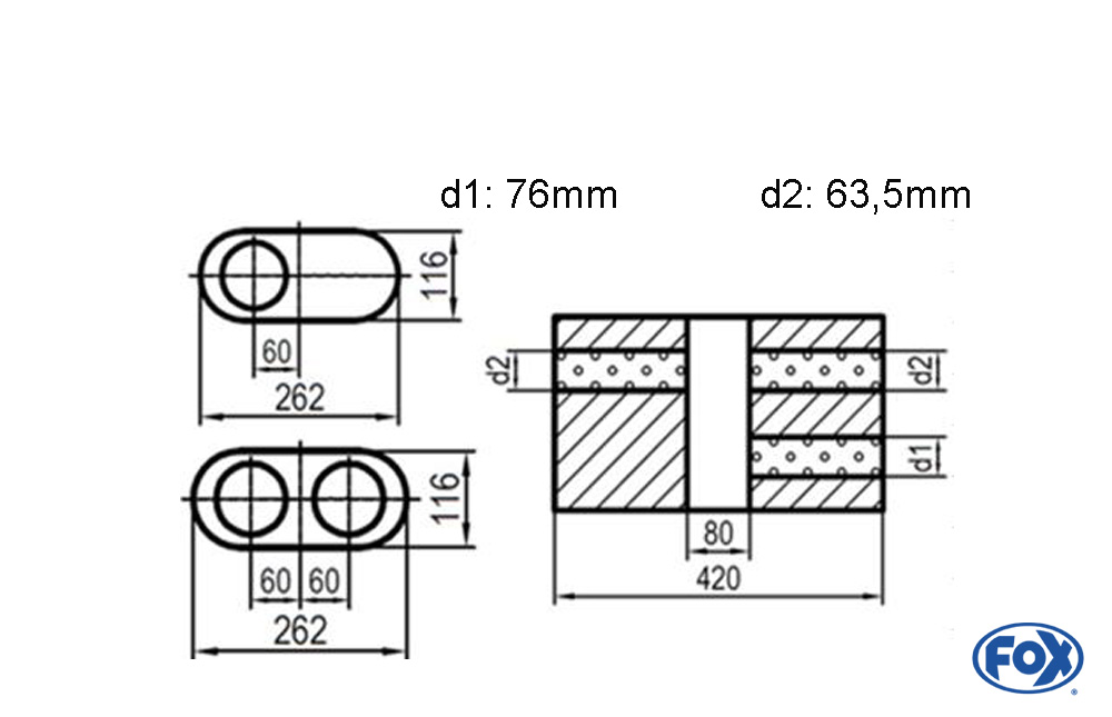 Uni-Schalldämpfer oval zweiflutig mit Kammer - Abw. 650 262x116mm, d1Ø 76mm  d2Ø 63,5mm, Länge: 420mm - Variante 1