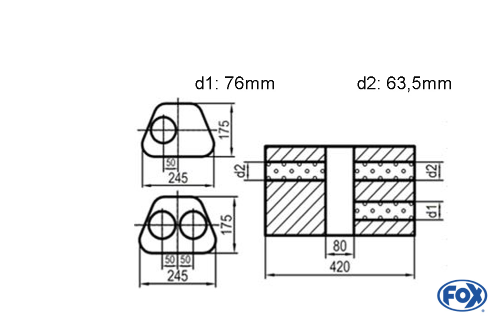 Uni-Schalldämpfer Trapezoid zweiflutig mit Kammer - Abw. 711 245x175mm, d1Ø 76mm  d2Ø 63,5mm, Länge: 420mm - Variante 1