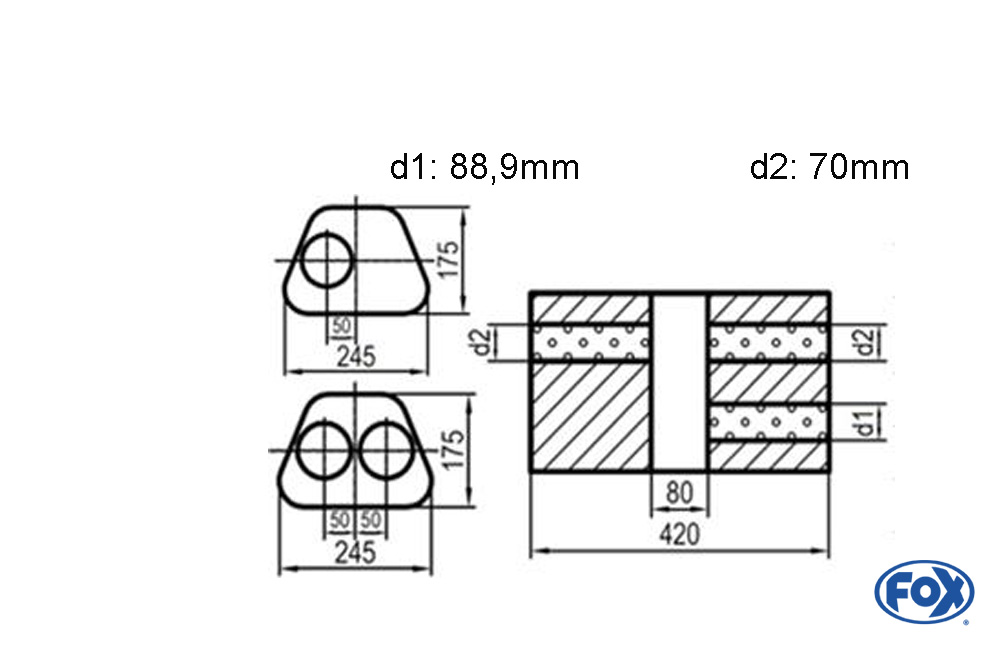 Uni-Schalldämpfer Trapezoid zweiflutig mit Kammer - Abw. 711 245x175mm, d1Ø 88,9mm  d2Ø 70mm, Länge: 420mm - Variante 1