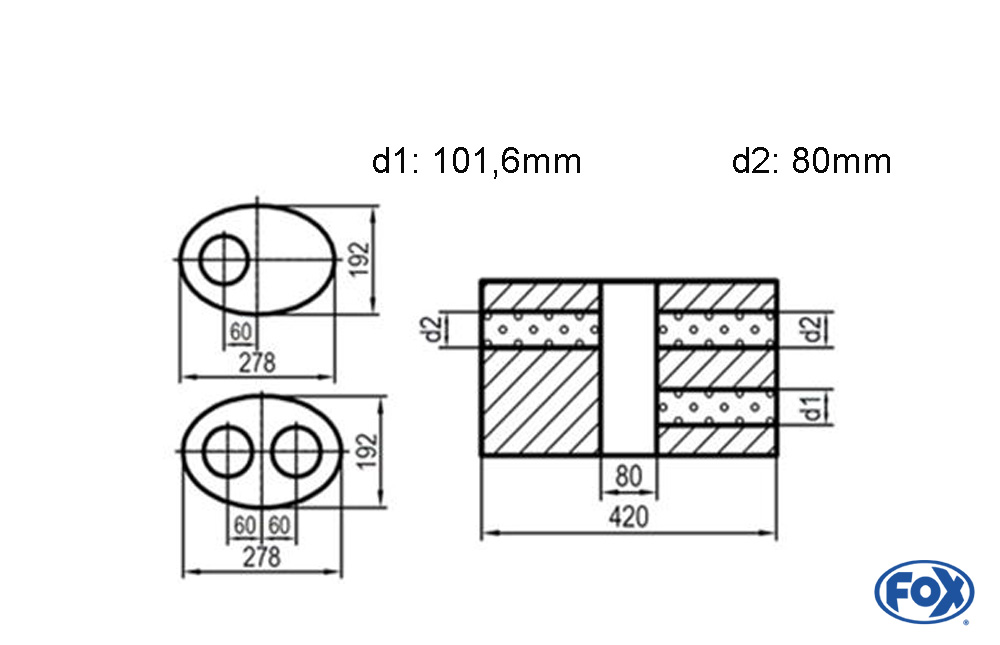 Uni-Schalldämpfer oval zweiflutig mit Kammer - Abw. 754 278x192mm, d1Ø 101,6mm  d2Ø 80mm, Länge: 420mm - Variante 1