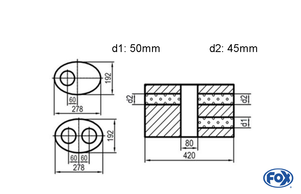 Uni-Schalldämpfer oval zweiflutig mit Kammer - Abw. 754 278x192mm, d1Ø 50mm  d2Ø 45mm, Länge: 420mm - Variante 1