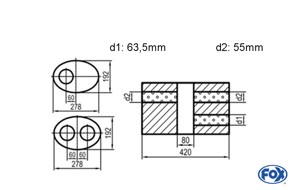 Uni-Schalldämpfer oval zweiflutig mit Kammer - Abw. 754 278x192mm, d1Ø 63,5mm  d2Ø 55mm, Länge: 420mm - Variante 1