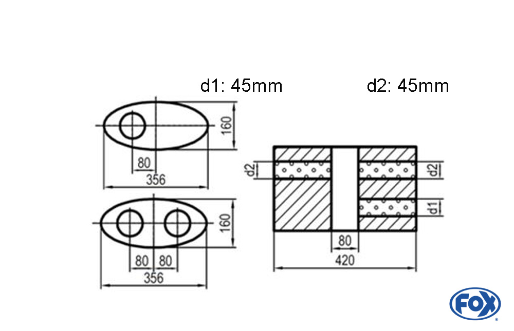 Uni-Schalldämpfer oval zweiflutig mit Kammer - Abw. 818 356x160mm, d1Ø 45mm  d2Ø 40mm, Länge: 420mm - Variante 1