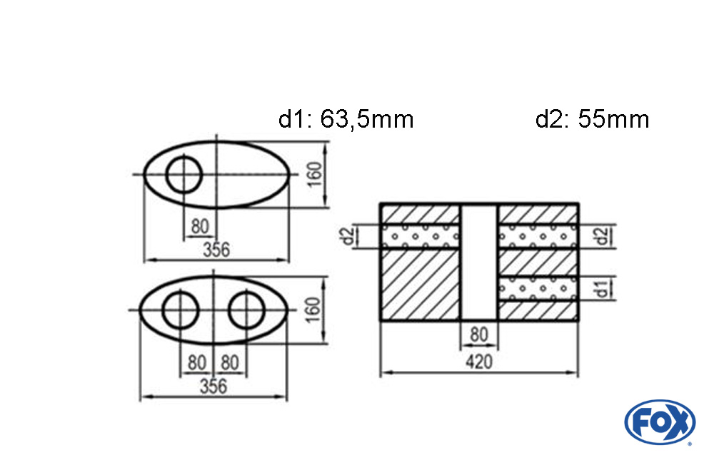 Uni-Schalldämpfer oval zweiflutig mit Kammer - Abw. 818 356x160mm, d1Ø 63,5mm  d2Ø 55mm, Länge: 420mm - Variante 1