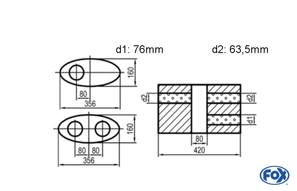 Uni-Schalldämpfer oval zweiflutig mit Kammer - Abw. 818 356x160mm, d1Ø 76mm  d2Ø 63,5mm, Länge: 420mm - Variante 1