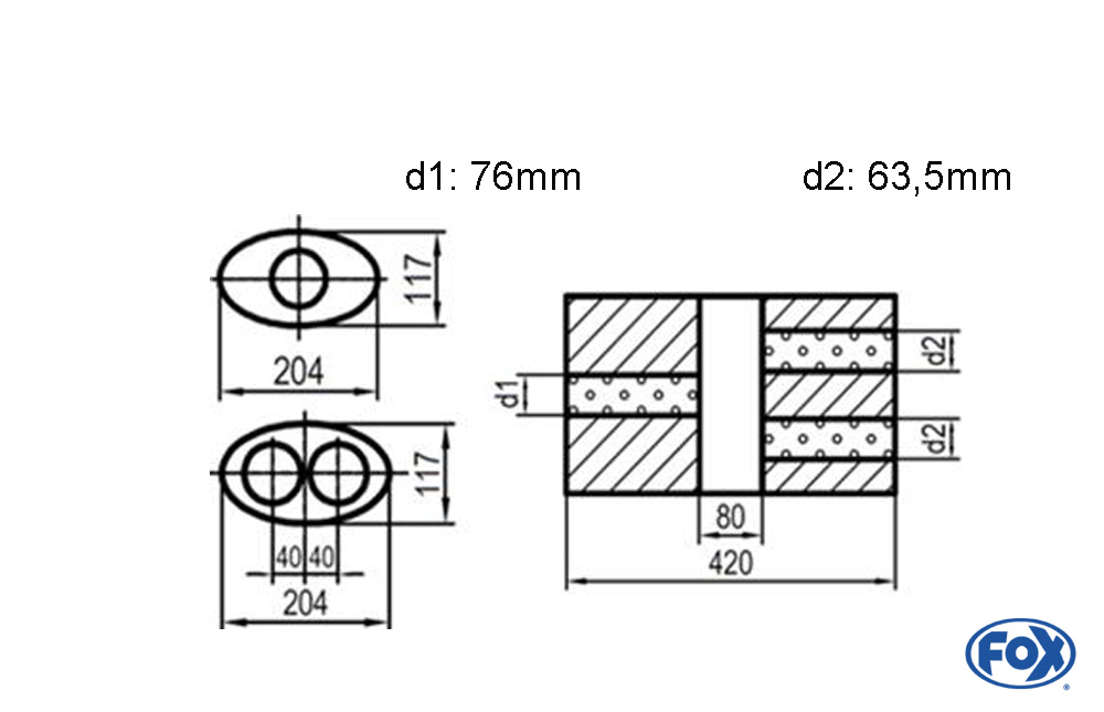 Uni-Schalldämpfer oval zweiflutig mit Kammer - Abw. 525 204x117mm, d1Ø 76mm  d2Ø 63,5mm, Länge: 420mm - Variante 2