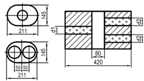 Uni-Schalldämpfer oval zweiflutig mit Kammer - Abw. 585 211x145mm, d1Ø 76mm  d2Ø 63,5mm, Länge: 420mm - Variante 2