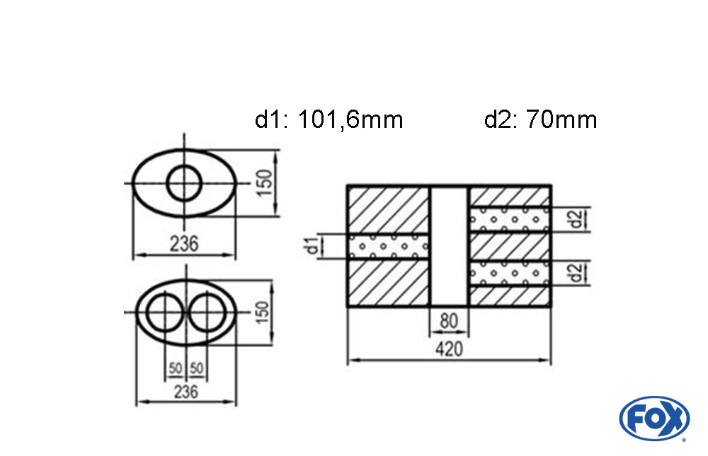 Uni-Schalldämpfer oval zweiflutig mit Kammer - Abw. 618 236x150mm, d1Ø 101,6mm  d2Ø 70mm, Länge: 420mm - Variante 2