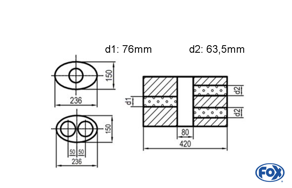 Uni-Schalldämpfer oval zweiflutig mit Kammer - Abw. 618 236x150mm, d1Ø 76mm  d2Ø 63,5mm, Länge: 420mm - Variante 2