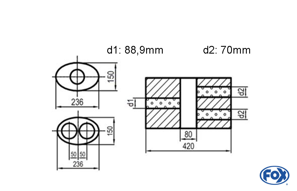 Uni-Schalldämpfer oval zweiflutig mit Kammer - Abw. 618 236x150mm, d1Ø 88,9mm  d2Ø 70mm, Länge: 420mm - Variante 2