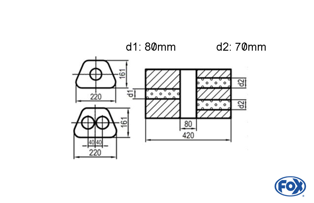Uni-Schalldämpfer Trapezoid zweiflutig mit Kammer - Abw. 644 220x161mm, d1Ø 80mm  d2Ø 70mm, Länge: 420mm - Variante 2
