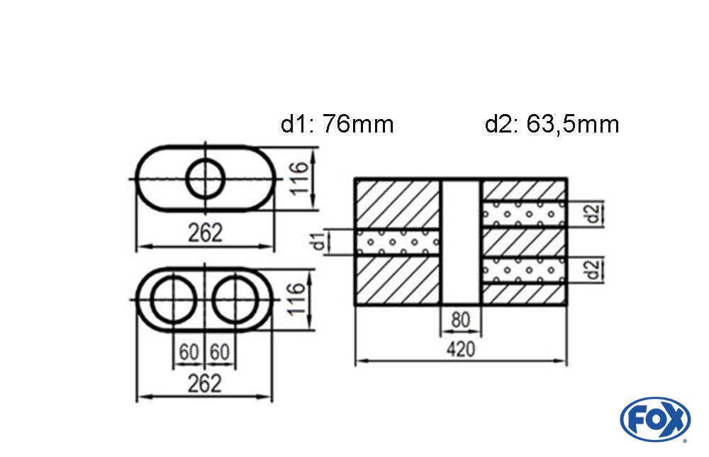 Uni-Schalldämpfer oval zweiflutig mit Kammer - Abw. 650 262x116mm, d1Ø 76mm  d2Ø 63,5mm, Länge: 420mm - Variante 2