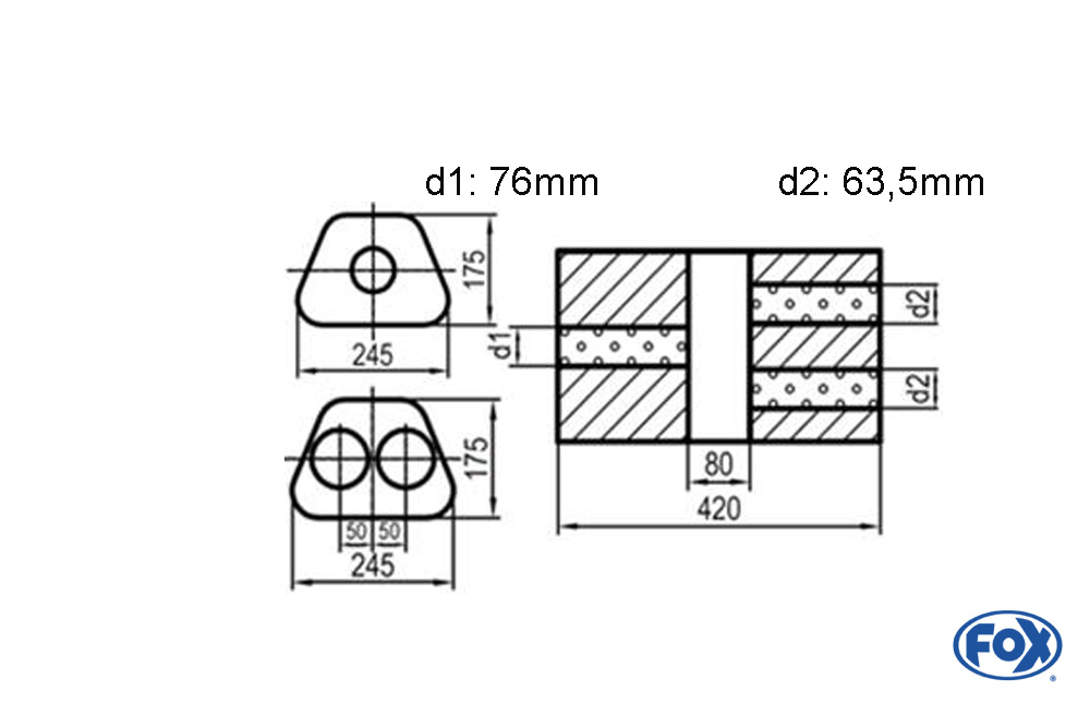 Uni-Schalldämpfer Trapezoid zweiflutig mit Kammer - Abw. 711 245x175mm, d1Ø 76mm  d2Ø 63,5mm, Länge: 420mm - Variante 2