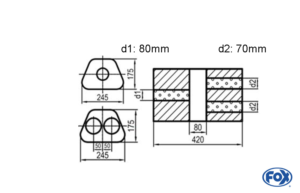 Uni-Schalldämpfer Trapezoid zweiflutig mit Kammer - Abw. 711 245x175mm, d1Ø 80mm  d2Ø 70mm, Länge: 420mm - Variante 2