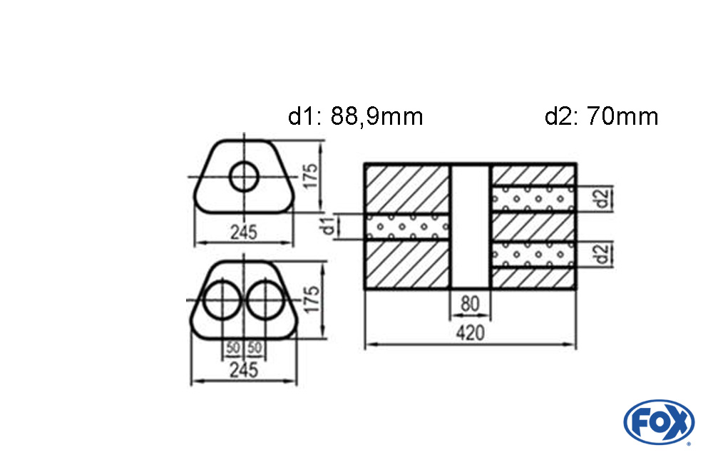 Uni-Schalldämpfer Trapezoid zweiflutig mit Kammer - Abw. 711 245x175mm, d1Ø 88,9mm  d2Ø 70mm, Länge: 420mm - Variante 2