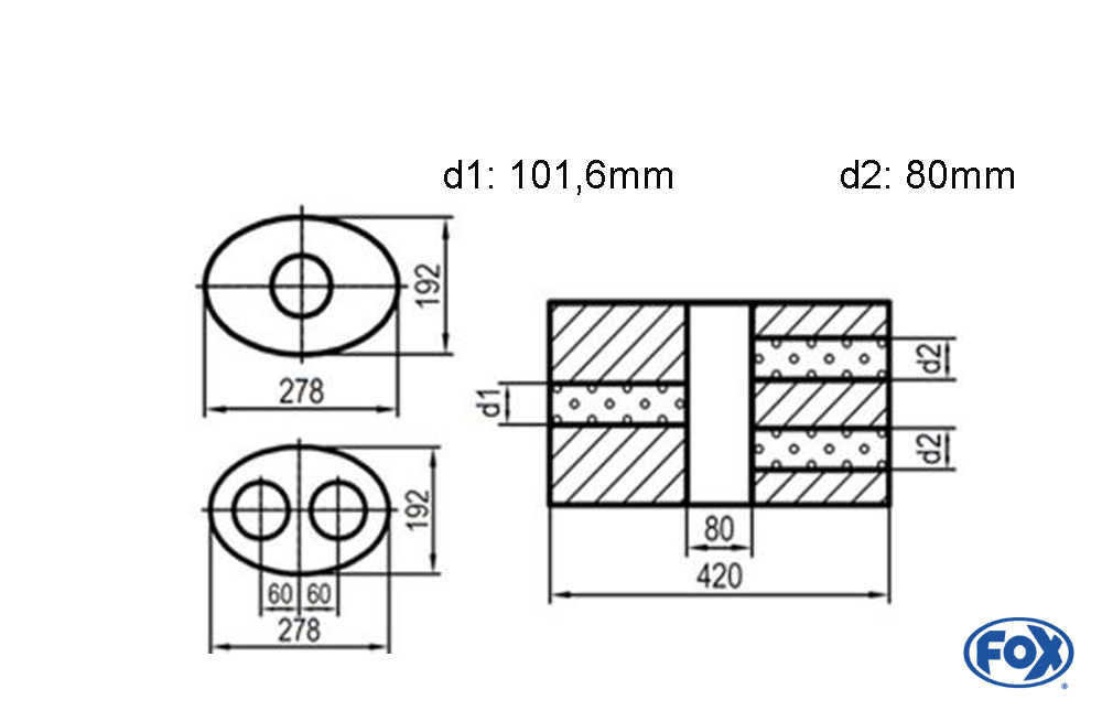 Uni-Schalldämpfer oval zweiflutig mit Kammer - Abw. 754 278x192mm, d1Ø 101,6mm  d2Ø 80mm, Länge: 420mm - Variante 2