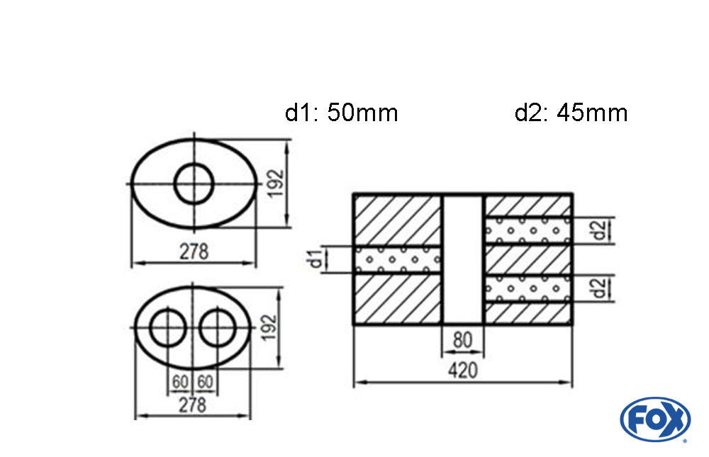 Uni-Schalldämpfer oval zweiflutig mit Kammer - Abw. 754 278x192mm, d1Ø 50mm  d2Ø 45mm, Länge: 420mm - Variante 2