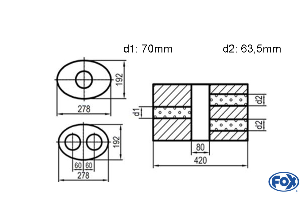 Uni-Schalldämpfer oval zweiflutig mit Kammer - Abw. 754 278x192mm, d1Ø 70mm  d2Ø 60mm, Länge: 420mm - Variante 2