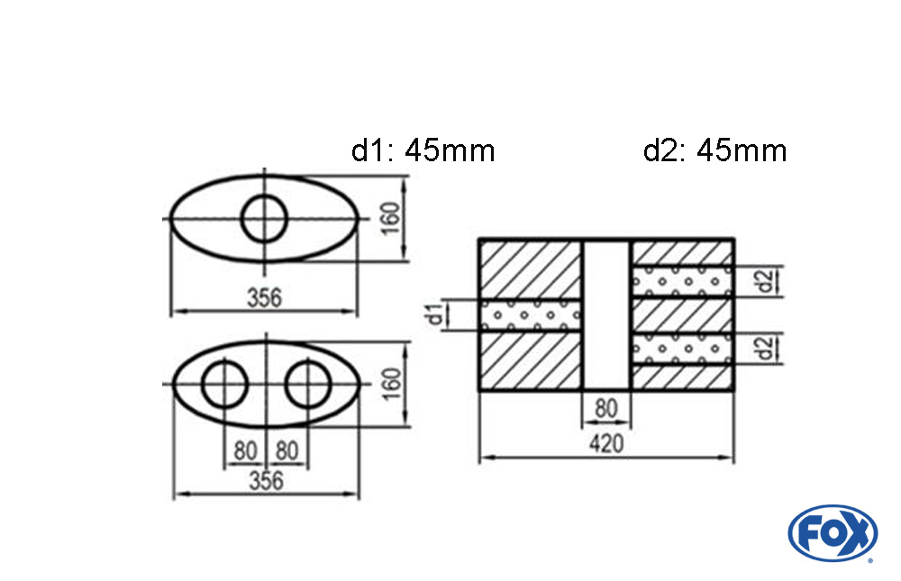 Uni-Schalldämpfer oval zweiflutig mit Kammer - Abw. 818 356x160mm, d1Ø 45mm  d2Ø 40mm, Länge: 420mm - Variante 2