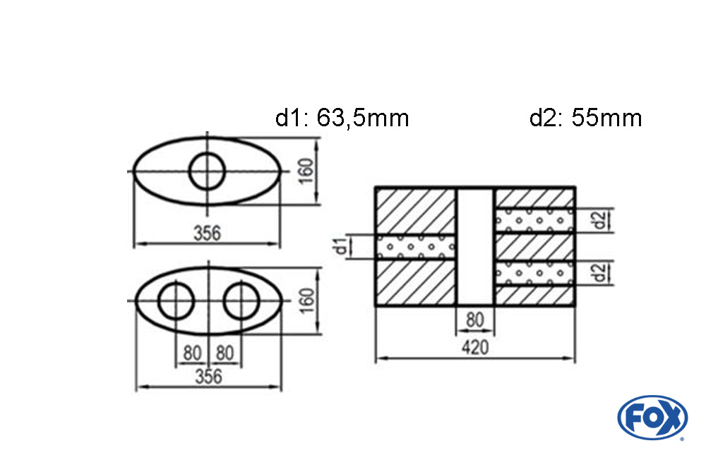 Uni-Schalldämpfer oval zweiflutig mit Kammer - Abw. 818 356x160mm, d1Ø 63,5mm  d2Ø 55mm, Länge: 420mm - Variante 2